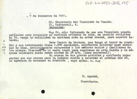 Carta del president al secretari del consolat de Suècia sol·licitant el préstec de pel·lícules per projectar-les als socis de l'entitat