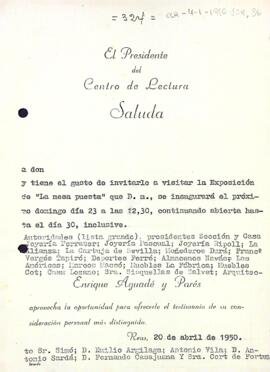 Invitació a diverses autoritats per assistir a la inauguració de l'exposició "La mesa puesta"