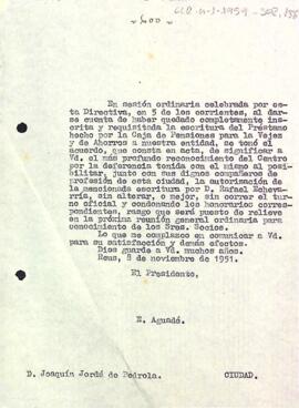 Carta d'agraïment del president a Joaquim Jordà per haver contribuït a inscriure i registrar el préstec de la Caixa de Pensions