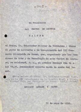 Invitació al governador militar de Tarragona per la inauguració del concurs exposició de roses