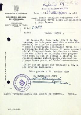 Carta de la comissió del cos de general de policia de la direcció general de seguretat al vicepresident del Centre de Lectura