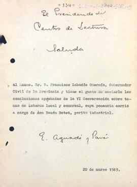 Carta del president al governador civil de la província de Tarragona enviant les comunicacions aprovades durant la sisena sessió de converses sobre temes d'interès local i comarcal