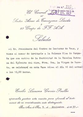 Carta del Coronel en Cap del Sector Aeri de Tarragona-Lleida