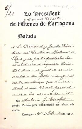 Invitació de l'Ateneu de Tarragona a la seva festa d'inauguració