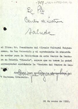 Carta d'agraïment al Círculo Cultural Guipuzcoano