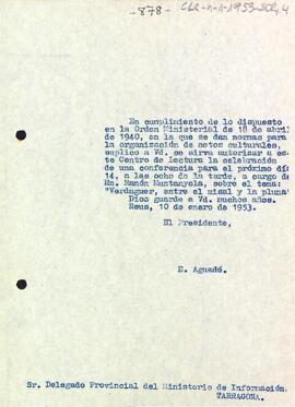 Carta del president al delegat provincial del ministeri d'informació i turisme de Tarragona