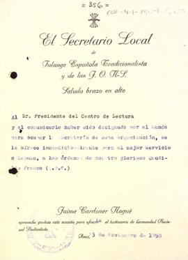 Jaume Cardoner informa del seu nou càrrec com a secretari local de la Falange Española Tradicionalista