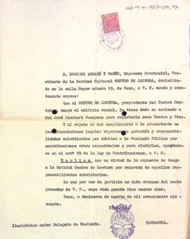 Carta al delegat d'hisenda sobre la propietat del Teatre Bartrina