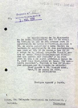 Carta del president al delegat provincial d'informació i turisme de Tarragona