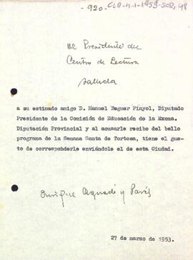 Carta d'agraïment del president de Manuel Beguer i Pinyol