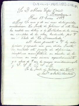 Carta d'agraïment de la junta de govern a Alvaro Lope Orriols pel donatiu que ha fet a la Biblioteca de l'entitat