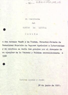 Carta del president al director-gerent de Mutualidad Española de Seguros Agrícolas e Industriales agraint el donatiu d'un exemplar de la memòria i balanç del 1950