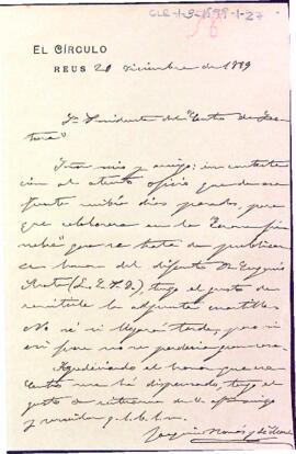 Carta de Joaquim Borrás acceptant la col·laboració en la corona fúnebre dedicada a Eugeni Mata