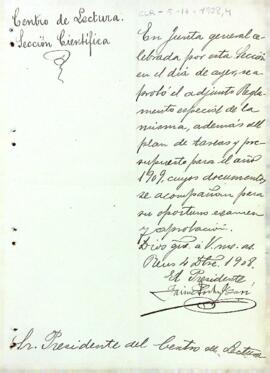 Carta que acompanyava el reglament i les propostes per a l'any 1909