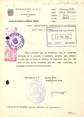Carta del governador civil al president del Centre de Lectura