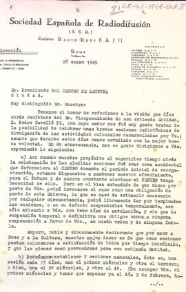 Comunicació de la direcció de la Sociedad Española de Radiodifusión exposant al Centre la possibilitat de celebrar unes sessions radiofòniques i d'impartir activitats culturals