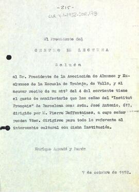 Carta d'Enric Aguadé Parés a l'Asociación de Alumnos y Ex-alumnos de la Escuela de Trabajo de Valls