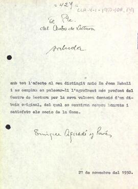 Agraïment a Joan Rebull per la donació d'un dibuix original