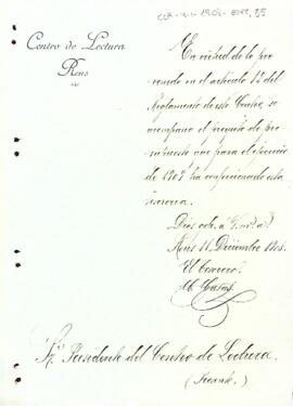 Conrad Casas, tresorer, envia el projecte de pressupost per al 1909