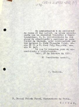 Carta del president accidental a Daniel Fairén comunicant les persones responsables d'adjudicar les feines de paleta que s'han de realitzar al carrer de l'Abadia