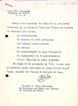 Carta de Juan Pablo Díaz Galzeran al president del Centre de Lectura