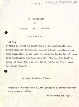 Invitació del president a la conferència organitzada per la Secció Excursionista de Juan Bonavía