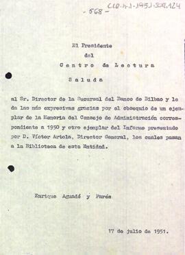 Carta d'agraïment del president al director de la sucursal del Banc de Bilbao pel donatiu d'un exemplar de la memòria del Consell d'administració de l'any 1950