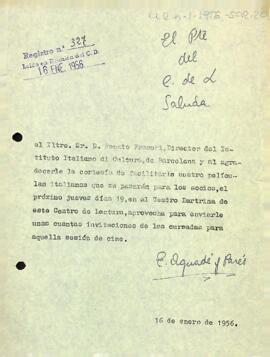 Carta d'agraïment del president al director de l'Istituto Italiano di Cultura de Barcelona