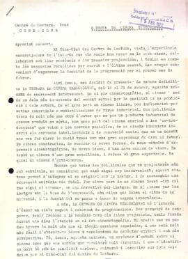 Carta del Cineclub als socis del Centre de Lectura