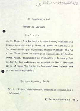 Carta d'invitació del president a diferents autoritats a la conferència de Felipe Lorda Aliaz