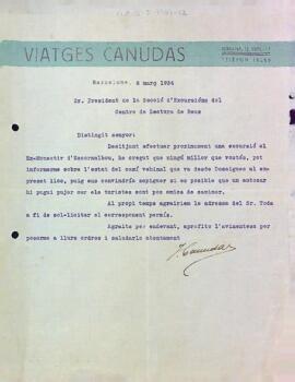 Carta de Viatges Canudas a la Secció Excursionista