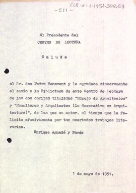 Carta d'agraïment del president a Pere Benavent pel donatiu de dues obres