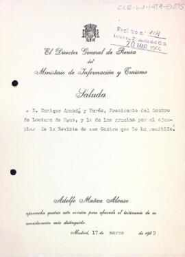 Agraïment del director general de premsa al president del Centre de Lectura