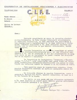 Carta de la Cooperativa de Instaladores, Fontaneros y Electricistas