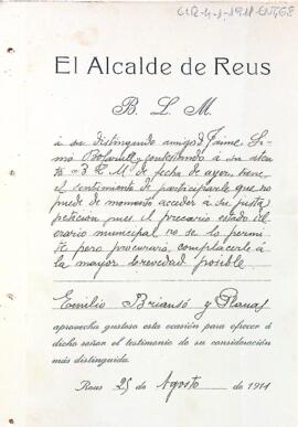 Comunicació de l'alcalde de Reus al president per informar que no podrà atendre a la seva petició