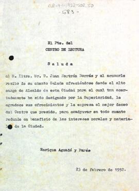 Carta d'Enric Aguadé Parés a Joan Bertran Borràs