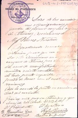 Carta de l'Asociación Instructiva de los Obreros del Ayuntamiento de Barcelona agraint la invitació tot i la impossibilitat d'adherir-se