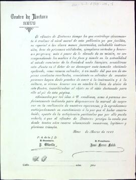 Model de carta impresa en la qual el Centre de Lectura demana ajuda econòmica