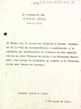 Carta d'agraïment del president a Manuel de Bofarull y Romañá