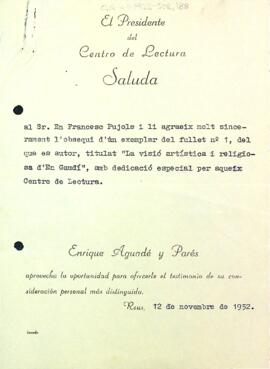 Carta d'agraïment a Francesc Pujols