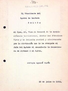 Carta d'Enric Aguadé Parés a Francisco Vives