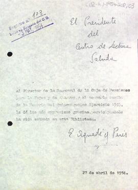 Carta d'agraïment del president al director de la sucursal de la Caja de Pensiones