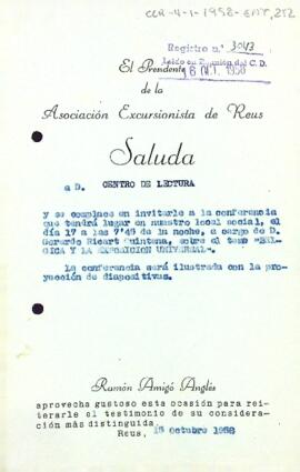 Invitació a l'acte de l'Associació Excursionista de Reus
