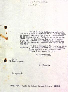 Carta del Centre de Lectura a la vídua de Pau Ornosa Soler