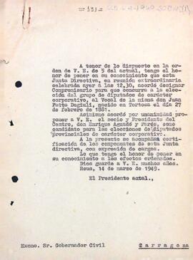 Comunicació al governador civil de la província de Tarragona informant que s'ha elegit a Joan Fatta com a compromissari de les eleccions i al president del Centre com a candidat per a les eleccions de diputats provincials