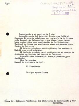 Carta del president al delegat provincial del ministeri d'informació i turisme
