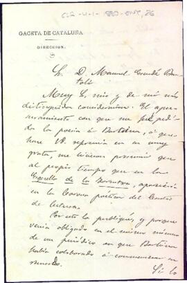 Josep Roca i Roca fa referència a la publicació de la poesia que havia d'anar a la corona de Joaquim M. Bartrina