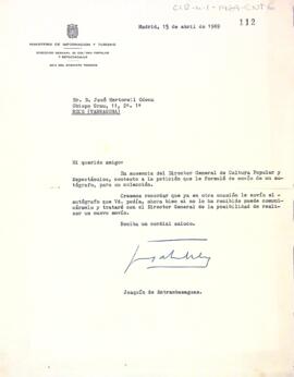 Carta de la direcció general de cultura popular i espectacles a Josep Martorell Òdena
