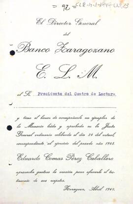 Carta del director general del Banco Zaragozano adjuntant un exemplar de la memòria de l'any 1948