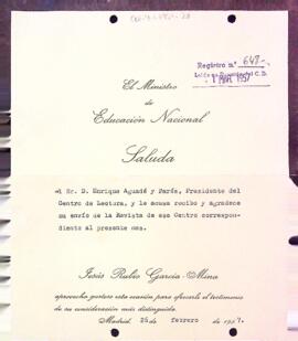 Carta d'agraïment del Ministre d'Educació Nacional